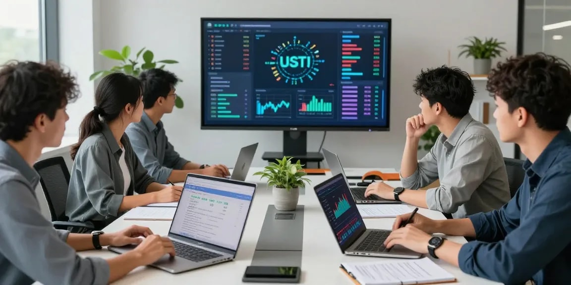 Team of financial analysts collaborating on USDT0 cross-chain solutions in modern workspace