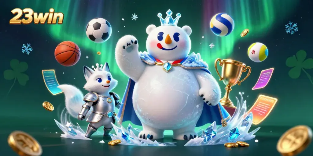 Experience the excitement of 23win with a vibrant and dynamic casino scene featuring immersive 3D characters and sports elements.