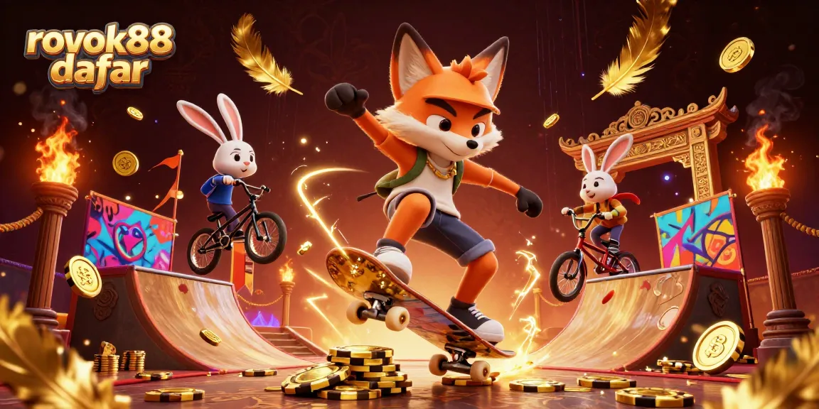 Experience thrilling gaming with rokok88 daftar, featuring an action-packed cartoon casino scene.
