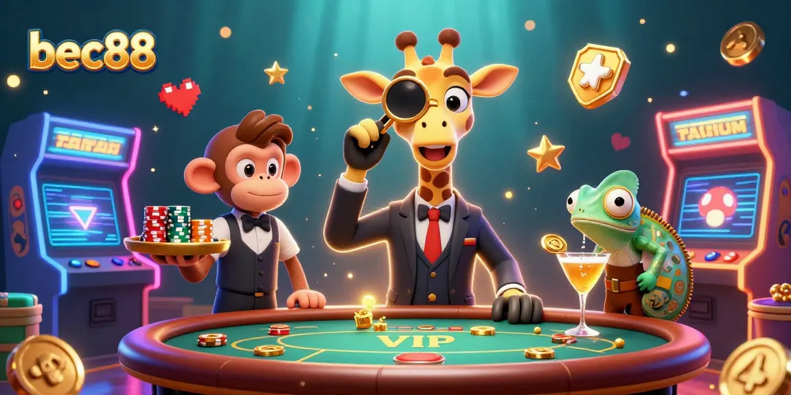 Experience exciting gameplay at bec88 with a vibrant illustration of a high-roller giraffe and friends in a dynamic casino setting.
