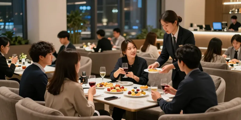강남구구단의 고급스러운 독립 룸에서 대화와 음료를 즐기는 손님들 모습