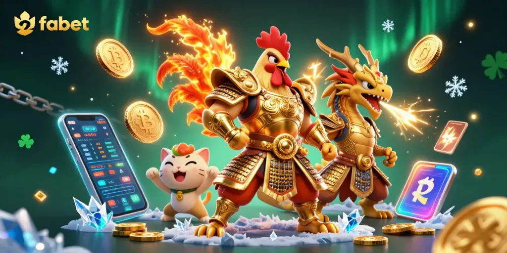 Join the action at fabet with a powerful rooster warrior and dragon mascot in a vibrant casino scene.