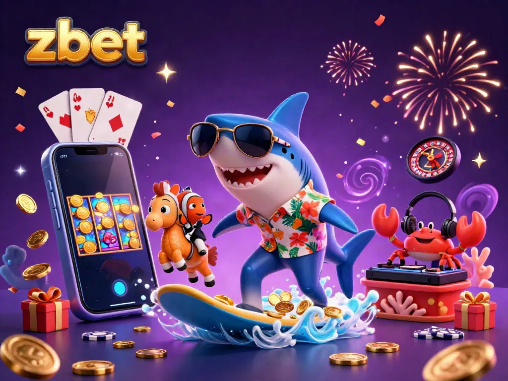 Experience thrilling adventures with zbet as a cartoon shark surfs through gold coins in this vibrant illustration.