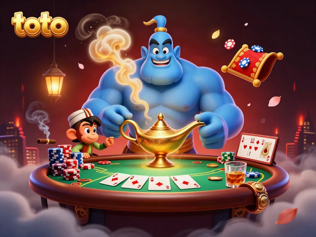Experience thrilling casino moments with a magical genie from toto amidst poker excitement.