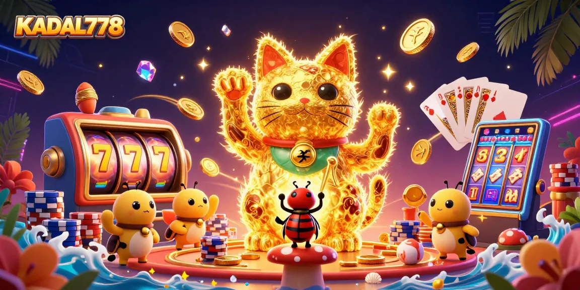 KADAL778 showcases a vibrant 3D scene with a lucky cat and casino symbols, celebrating the thrill of online gaming.