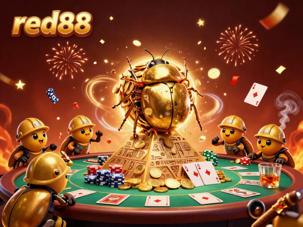Experience the excitement of red88 with golden beetles rolling coins and vibrant casino elements in a festive atmosphere.