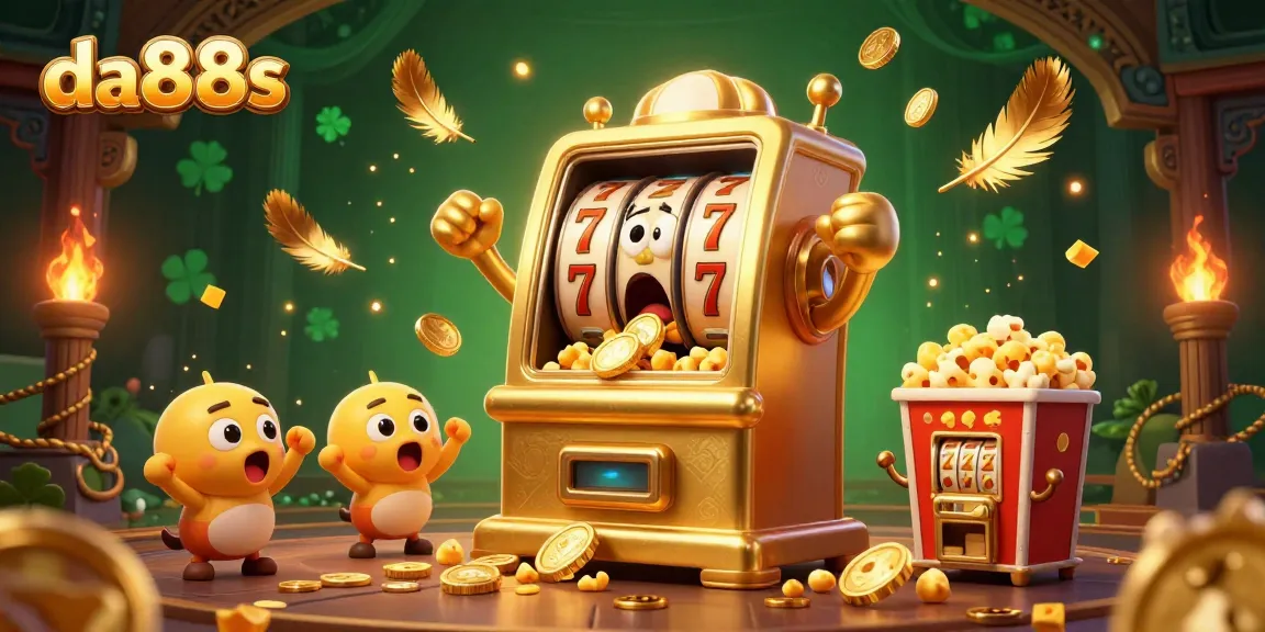 Celebrate jackpots with the da88s golden slot machine overflowing with coins in a vibrant casino scene.