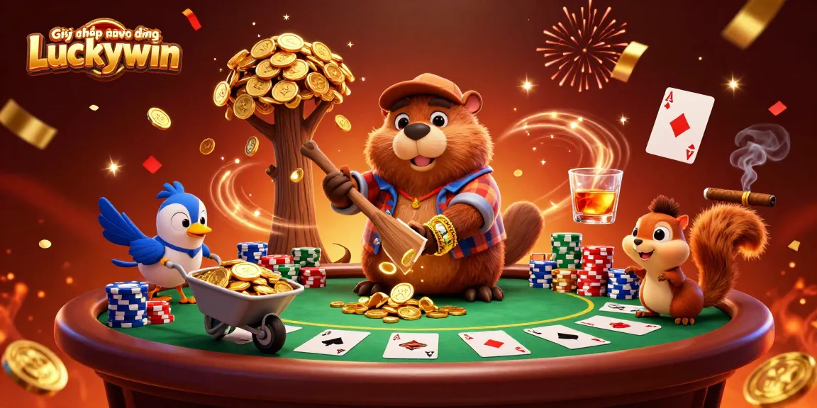 Giấy phép hoạt động Luckywin showcases a dynamic casino scene with engaging characters and vibrant, casino-themed elements.