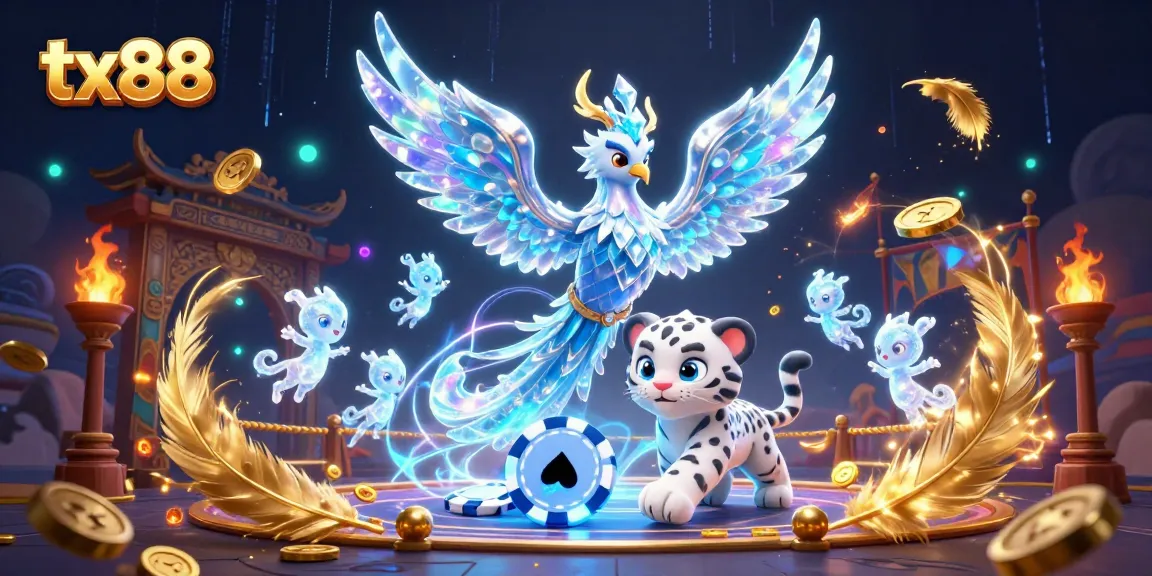 Engage with tx88 in a vibrant 3D illustration featuring an ice phoenix, snow leopard, and lively ice sprites.