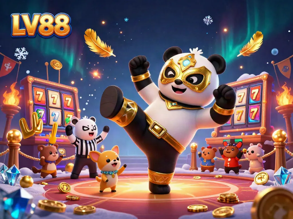 Engage in thrilling gameplay at LV88 with exciting slot reels, a lively casino scene, and fun characters.