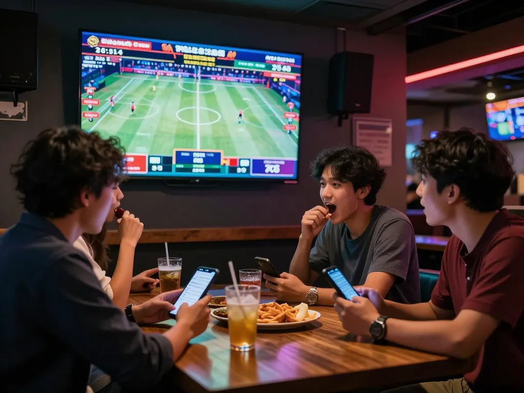 Friends engaging in exciting sports betting at keonhacaii88, viewing live matches on mobile devices.