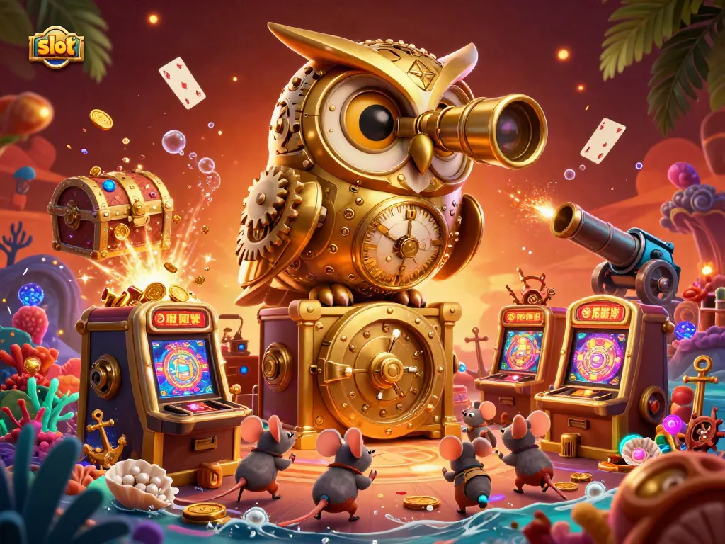 Spin the reels at vibrant slot machines, surrounded by gold and playful characters.
