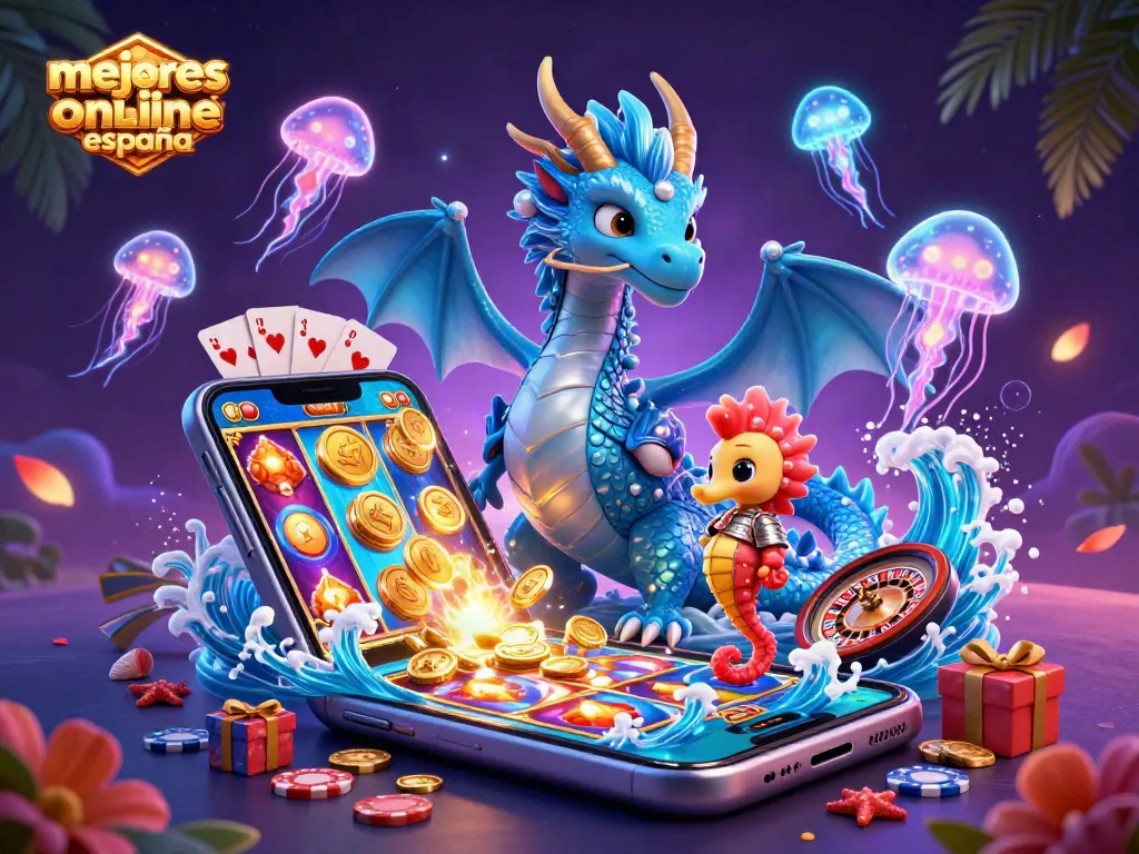 Jugar en los mejores casinos online España con una ilustración vibrante de un dragón de agua y personajes de juego.