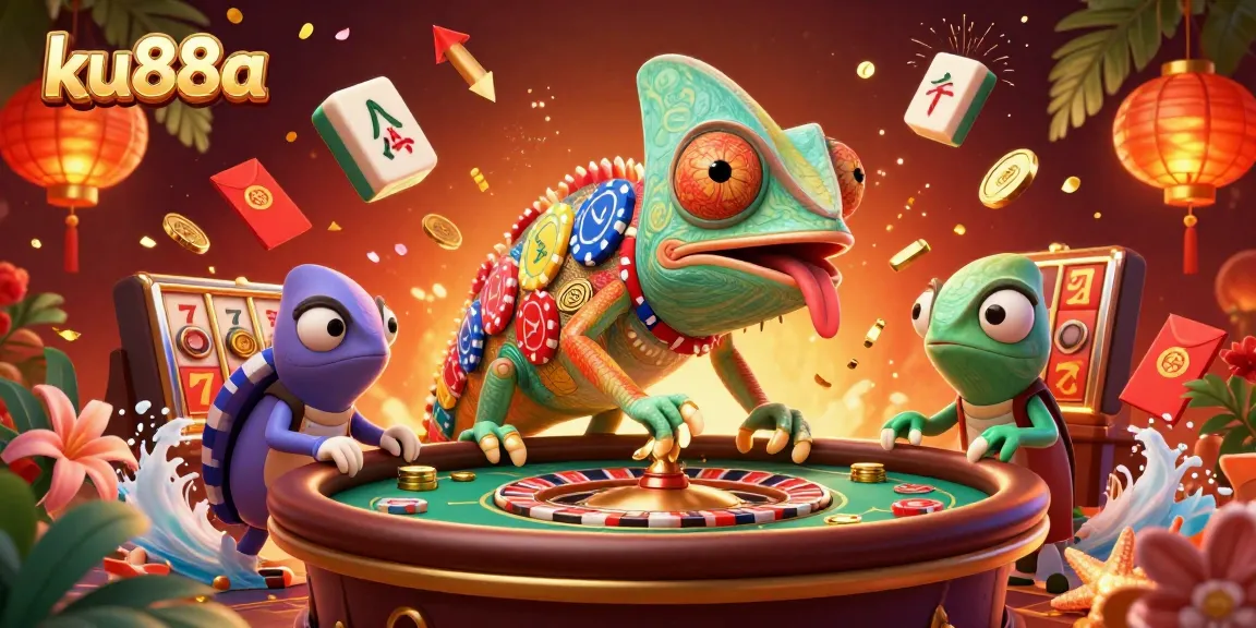 ku88a casino chameleon gathering golden coins at a vibrant slot-themed illustration