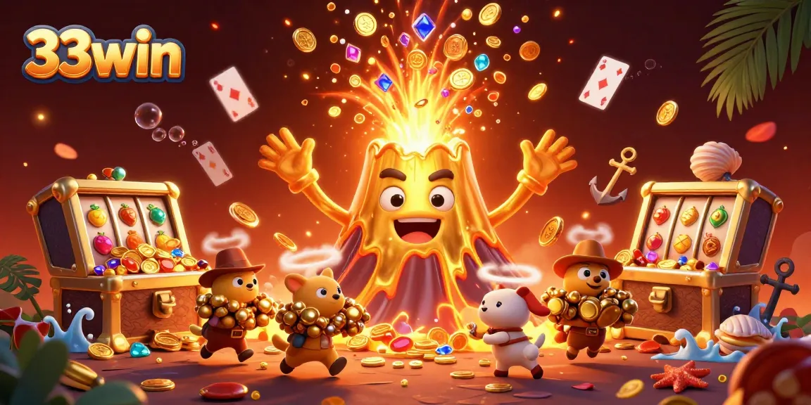 Experience thrills and excitement at 33win with a vibrant casino adventure, featuring gold coins and treasures.