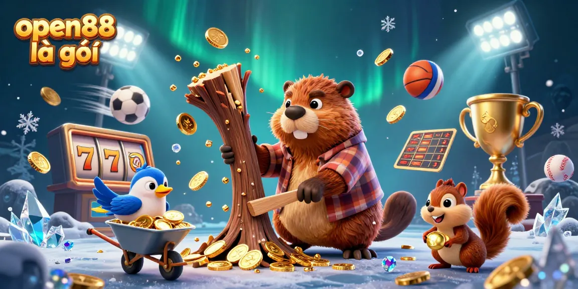 Discover open88 là gì through an enchanting scene of a beaver, a bird, and a squirrel in a lively casino setting.