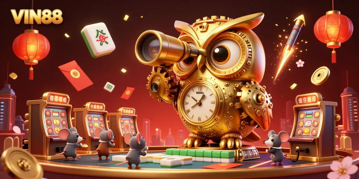 Experience the excitement of VIN88 with vibrant 3D casino visuals featuring a golden owl, slot machines, and festive decorations.