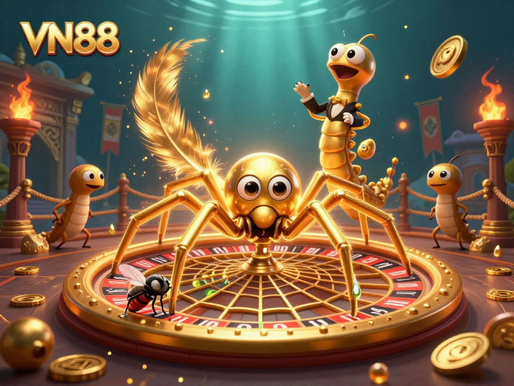 Spin the roulette wheel with VN88's golden spider and colorful betting tokens in this vibrant casino scene.