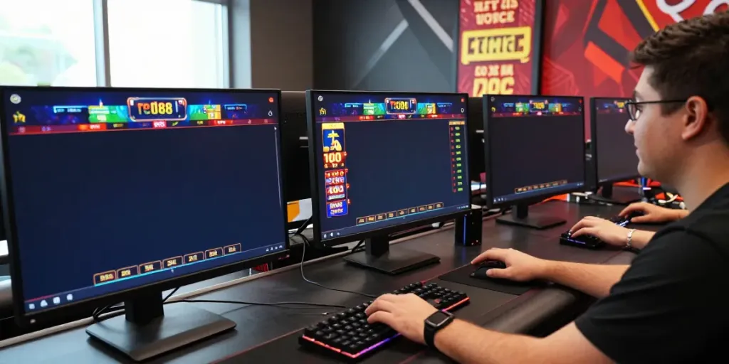 Engaged player on red88 platform with vibrant gaming setup