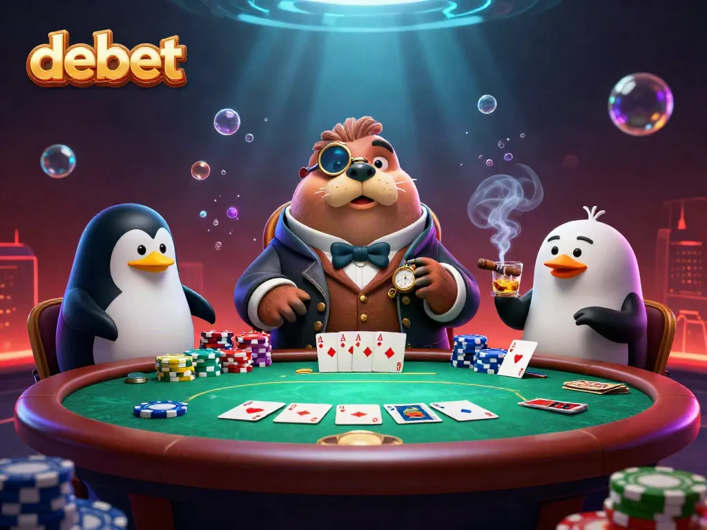 Engage in exhilarating poker action with Debet's lively underwater casino scene featuring a charming walrus and savvy players.