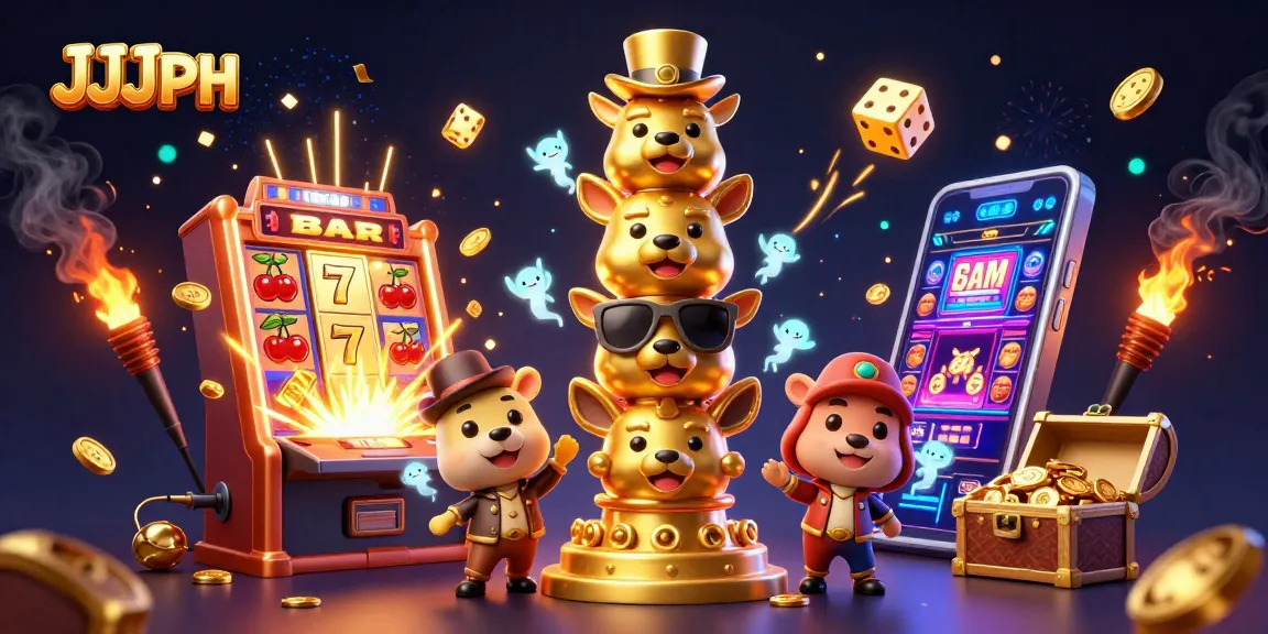 Experience the excitement of JJJPH with a vibrant 3D casino-inspired illustration bursting with action.
