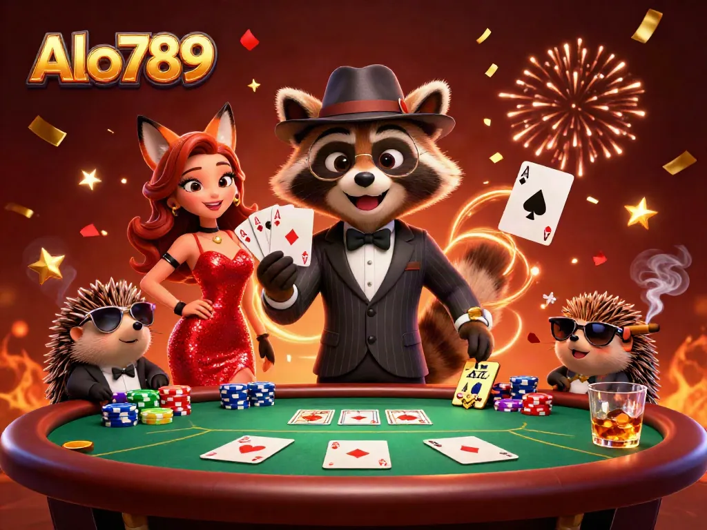 Alo789 showcases a cartoon raccoon in a suit holding a royal flush, surrounded by vibrant casino elements.