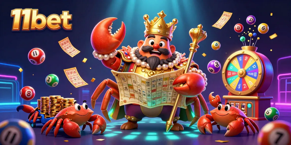 Experience excitement with 11bet’s vibrant lottery-themed scene featuring a golden crab emperor and colorful elements.