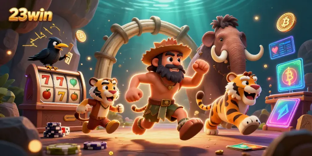 Experience the excitement of 23win with a vibrant 3D casino scene featuring cavemen and slot machines.
