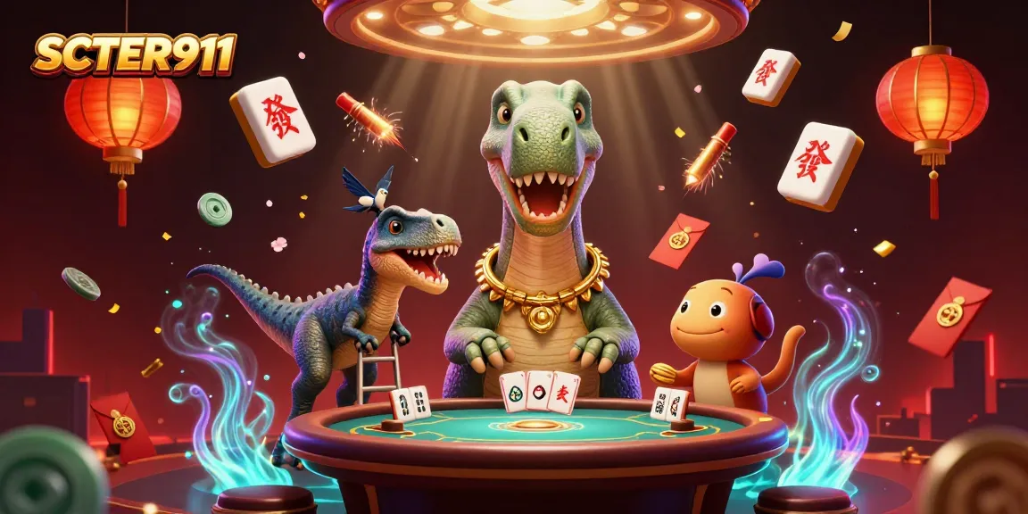 Engage with SCATTER911 while a clever raptor deals cards from a ladder beneath a towering brontosaurus!