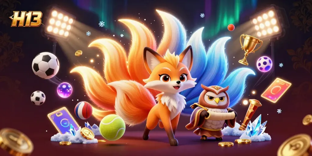 Experience the vibrant world of H13's online gaming with a mystical fox and sage.