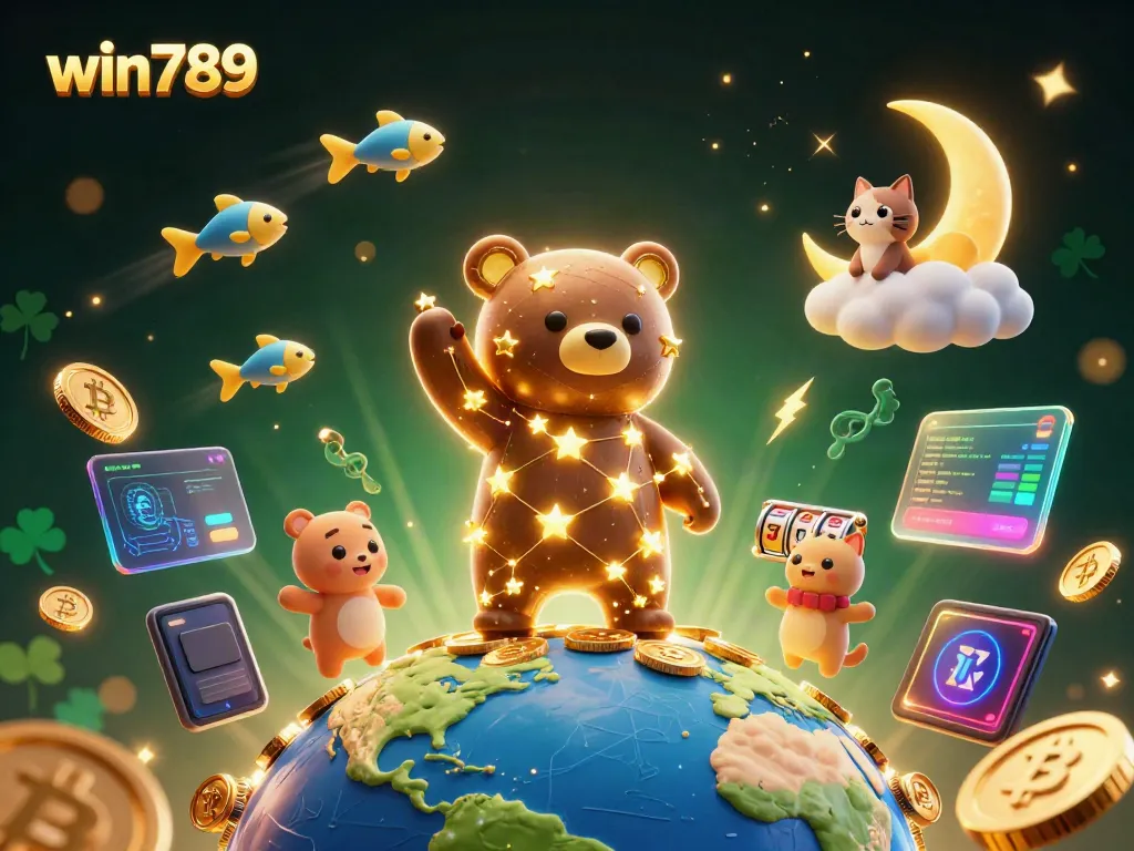 Experience the magic of win789 with a vibrant 3D casino scene featuring stars, coins, and gaming elements.
