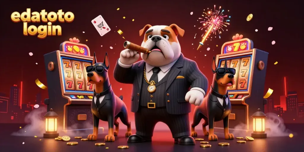 Experience the excitement of edatoto login with a vibrant casino scene featuring a mafia boss, bodyguards, and dynamic gaming elements.