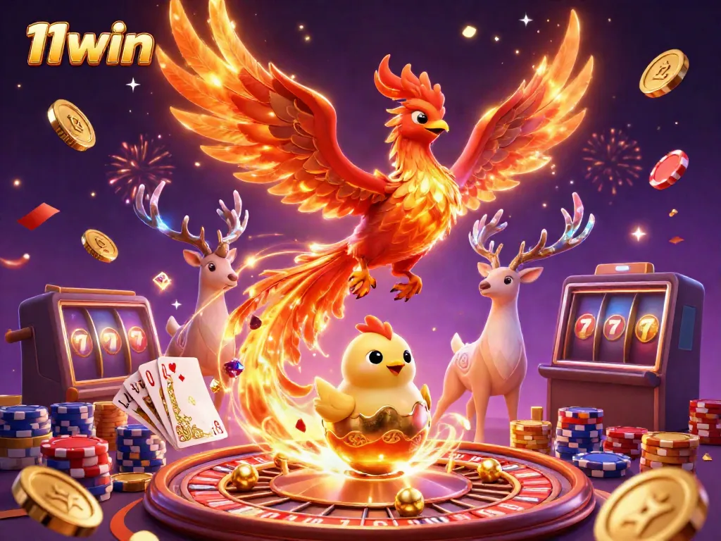 Experience the excitement of 11win with vibrant casino elements in dynamic 3D illustration.