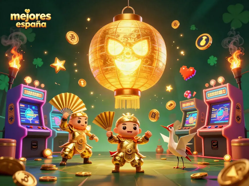 Encuentra los mejores casinos España, con criaturas de la suerte y aparatos de juego vibrantes en un mercado nocturno.