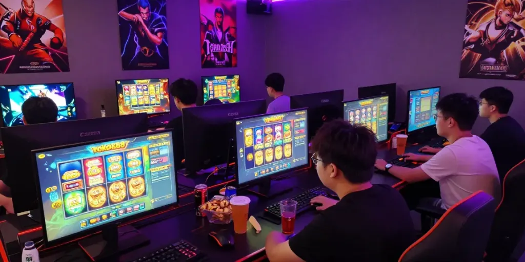Exciting gameplay scene featuring friends playing rokok88 slot games with vibrant setups and snacks.