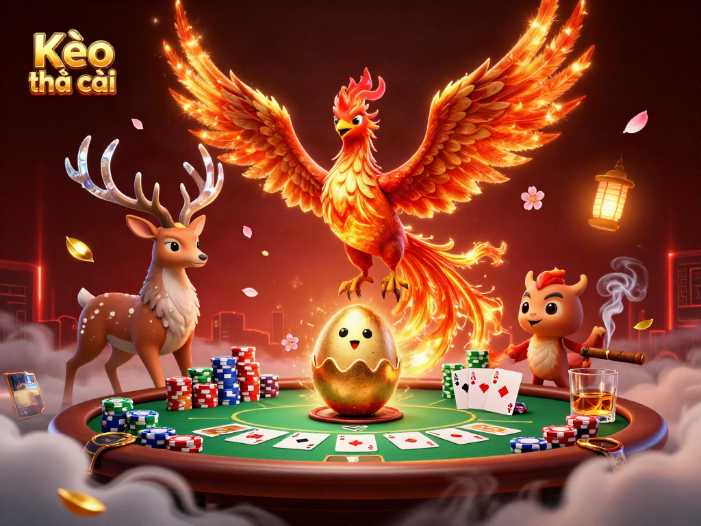 Kèo nhà cái showcases vibrant phoenix and stag in a dynamic poker scene.