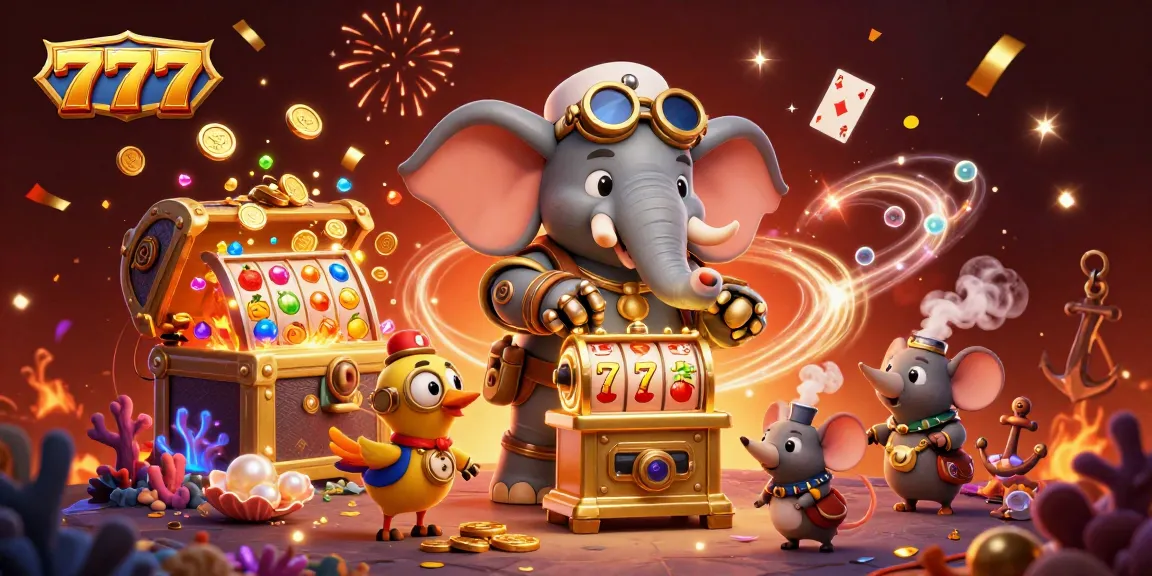 Win big with 777 slot machine action featuring an elephant engineer and colorful gems.
