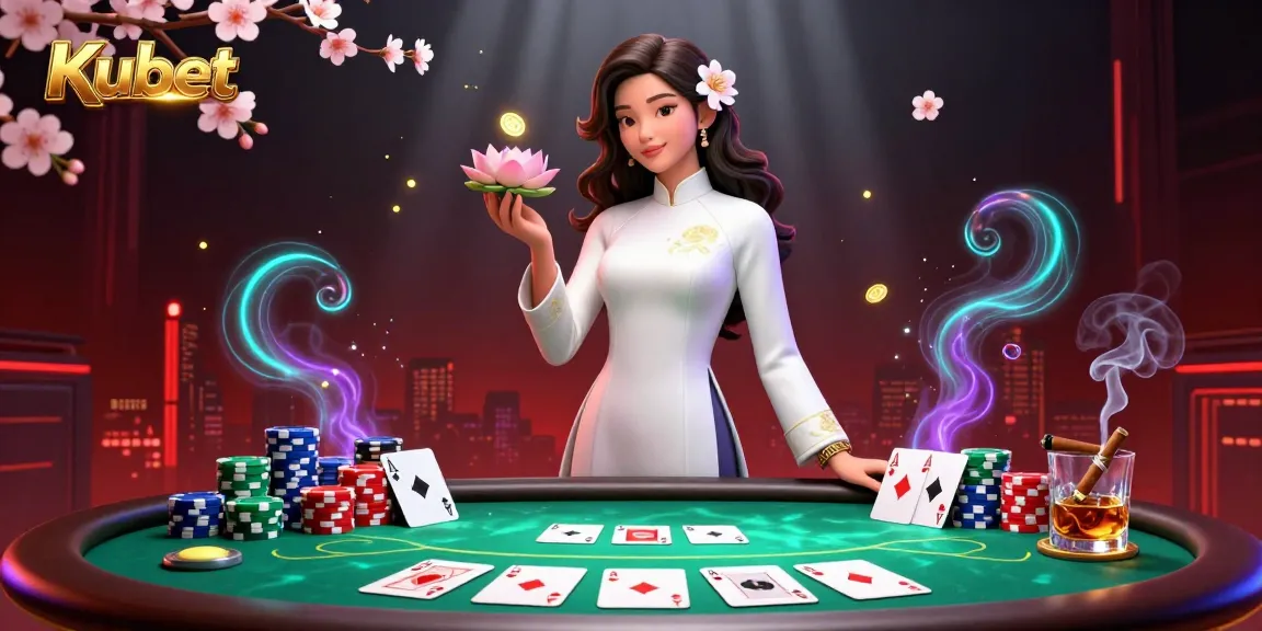Kubet immersive online casino scene featuring elegant Asian woman, vibrant poker elements, and rich visual details.