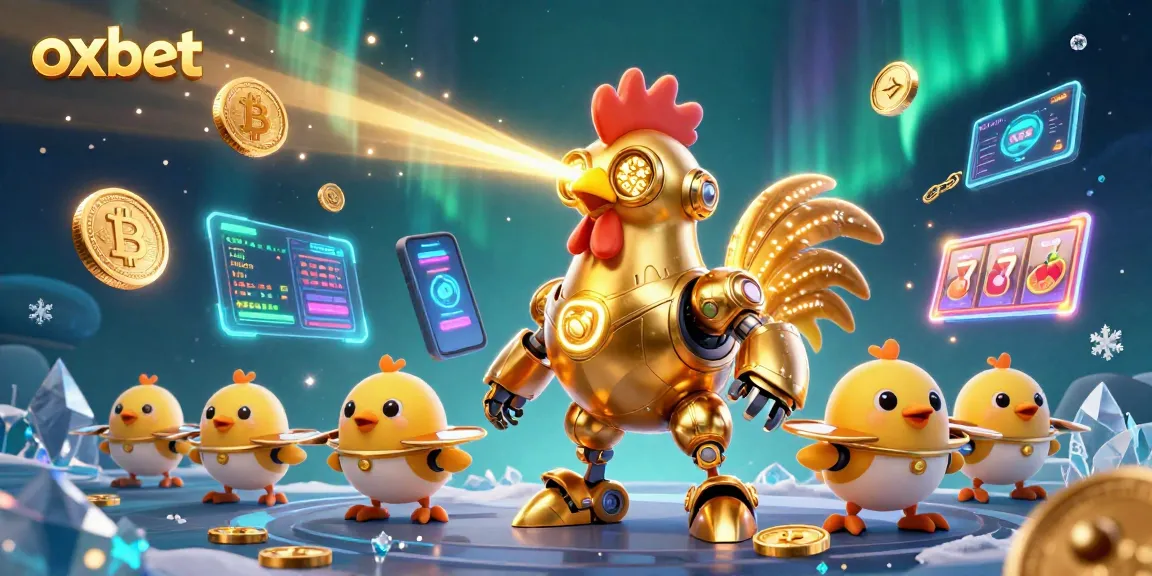 Engage with the oxbet golden rooster robot and baby chick drones amidst vibrant casino elements.