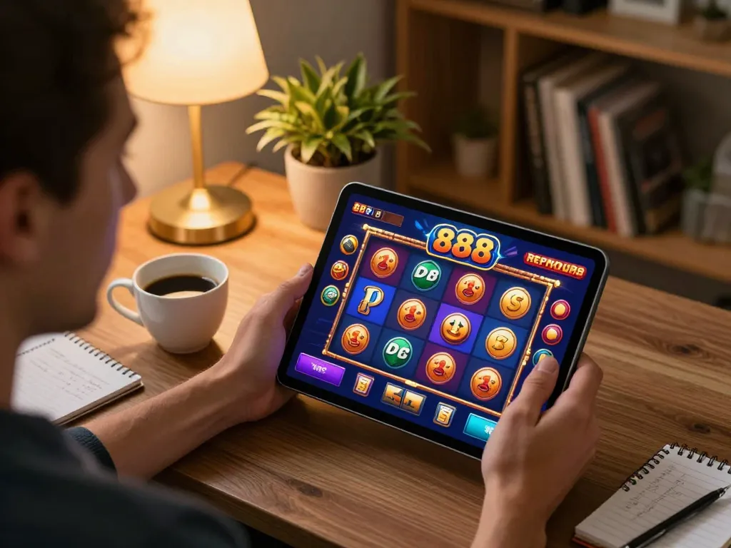 Playing slot88 casino on a tablet in a cozy living room with strategy notes.