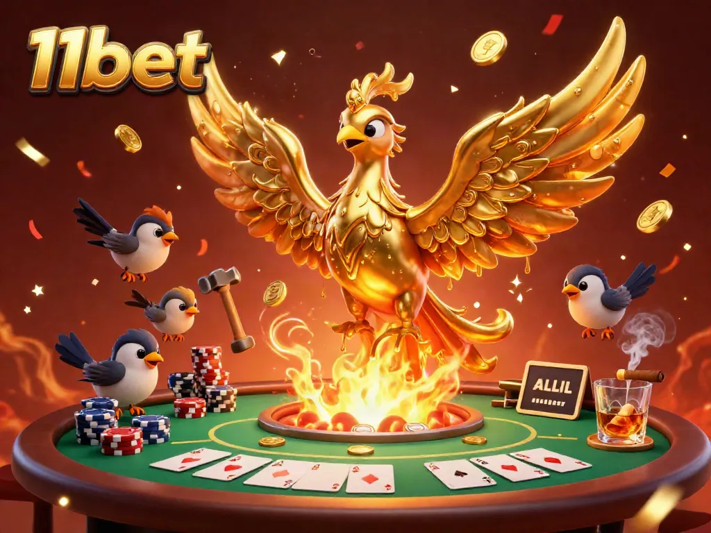 Experience exciting gameplay at 11bet with a vibrant 3D illustration featuring a golden phoenix and dynamic poker elements.