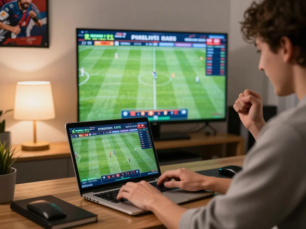 Excited bettor engaging in live betting on sun win sports event from home office