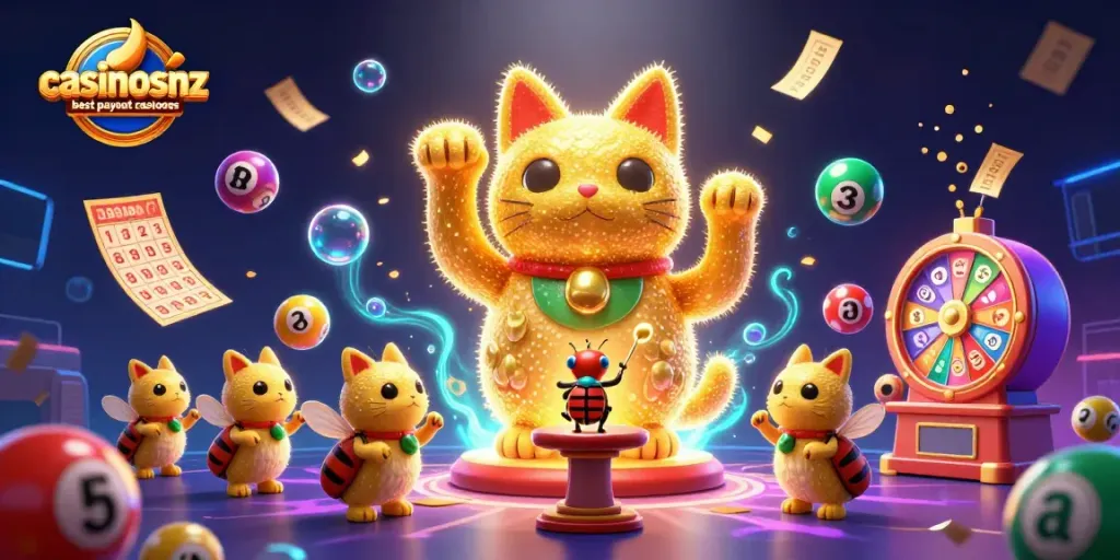 Engaging scene of casinosnz best payout casinos, a lucky cat from fireflies and vibrant lottery elements.