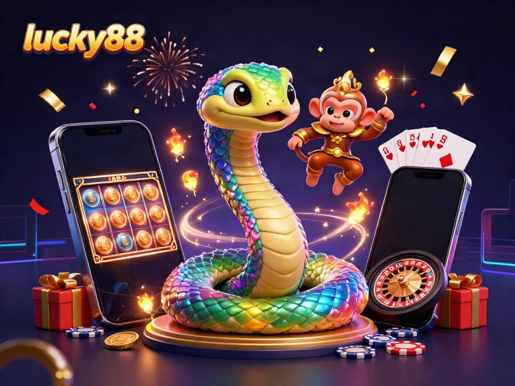 Spin the reels with lucky88's dynamic casino scene featuring vibrant characters and immersive game elements.