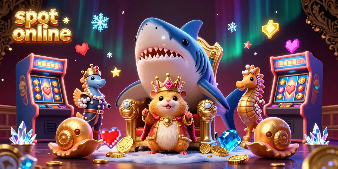 Engage in exciting slot online adventures with a hamster king on a shark throne amidst vibrant gaming visuals.