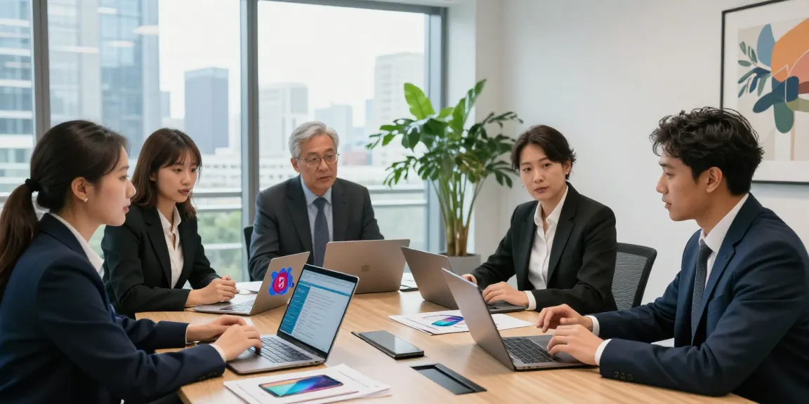Compare business mobile deals UK in a corporate meeting with professionals evaluating options on laptops.
