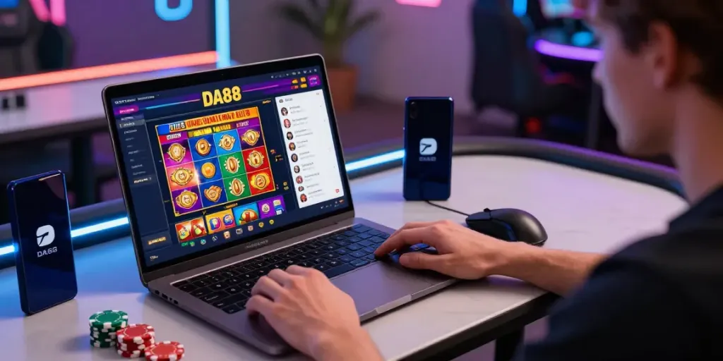 Engaging scene of a player using da88 platform on laptop amidst vibrant slot game visuals and promotional materials.