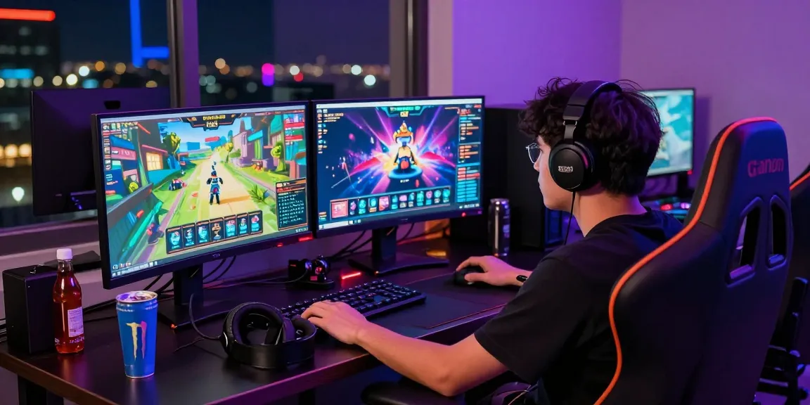 Player immersed in B52 online gaming, vibrant dual-monitor setup and city view create an engaging atmosphere.