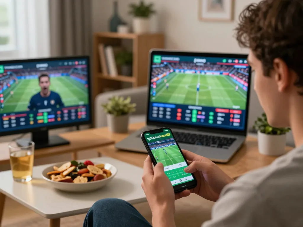 Engaging in sports betting using the tylekeonhacai88 app on a smartphone in a cozy home setting.