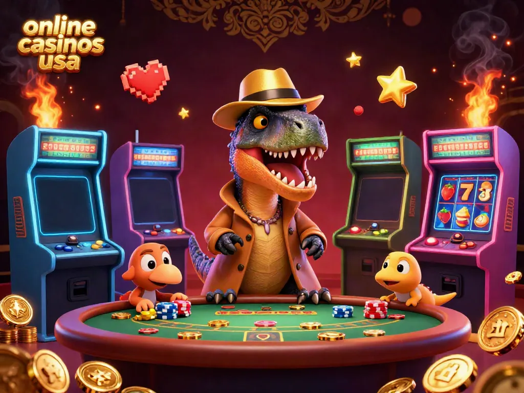 Join the action at online casinos USA with a sneaky velociraptor counting cards.